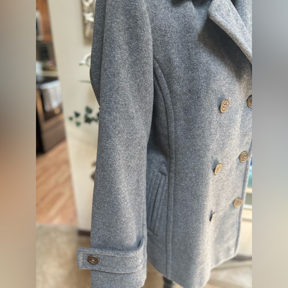 LANDS END WOOL GRAY CLASSIC TAILORED DOUBLE BREASTED NAUTICAL PEA COAT SZ 12 - Picture 6 of 13